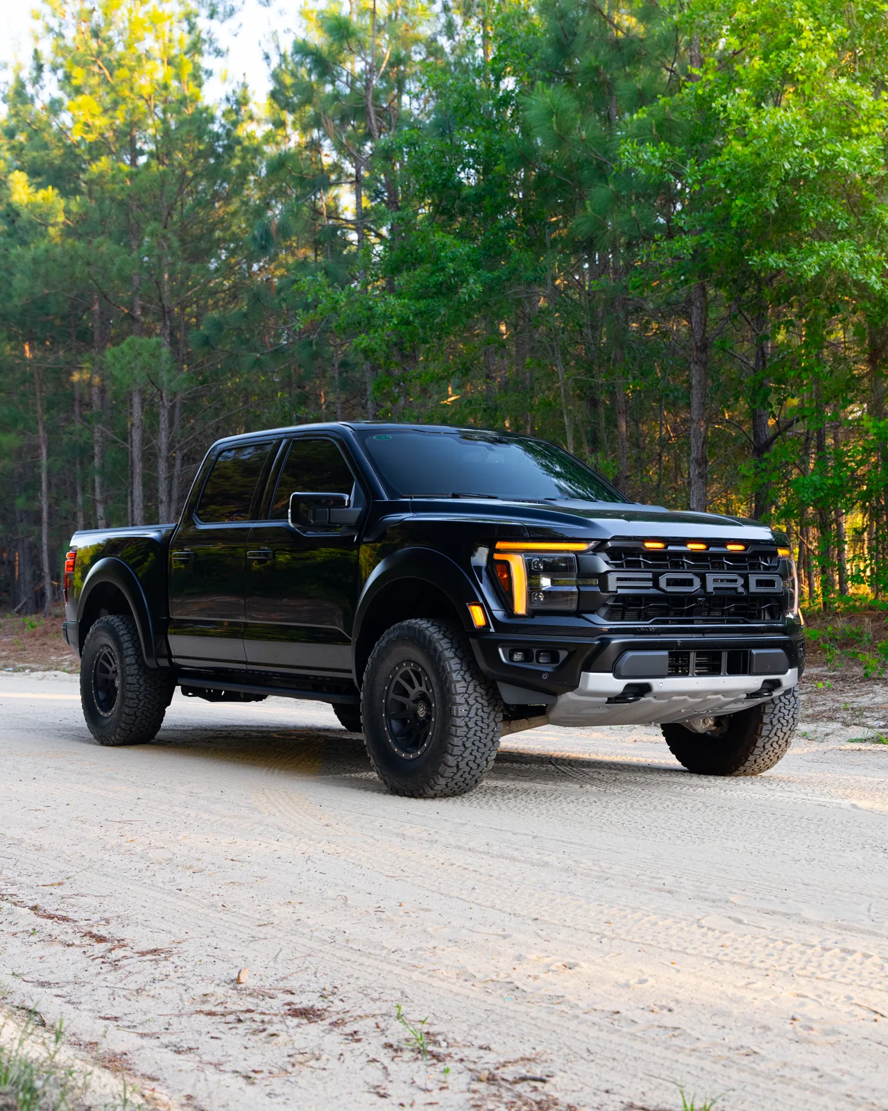 Black Ford F-150 Raptor parked on a dirt road in front of a pine forest