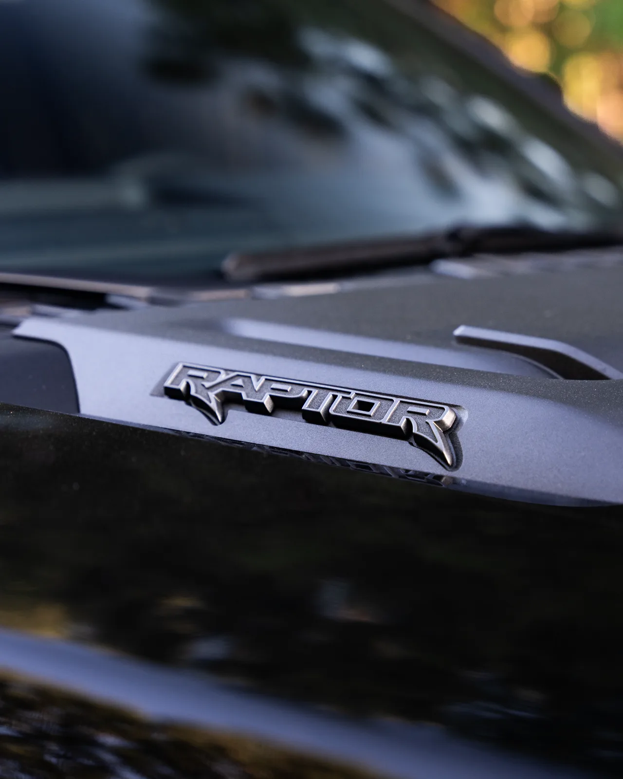 Macro detail of the Raptor badge on a black Ford F-150 hood