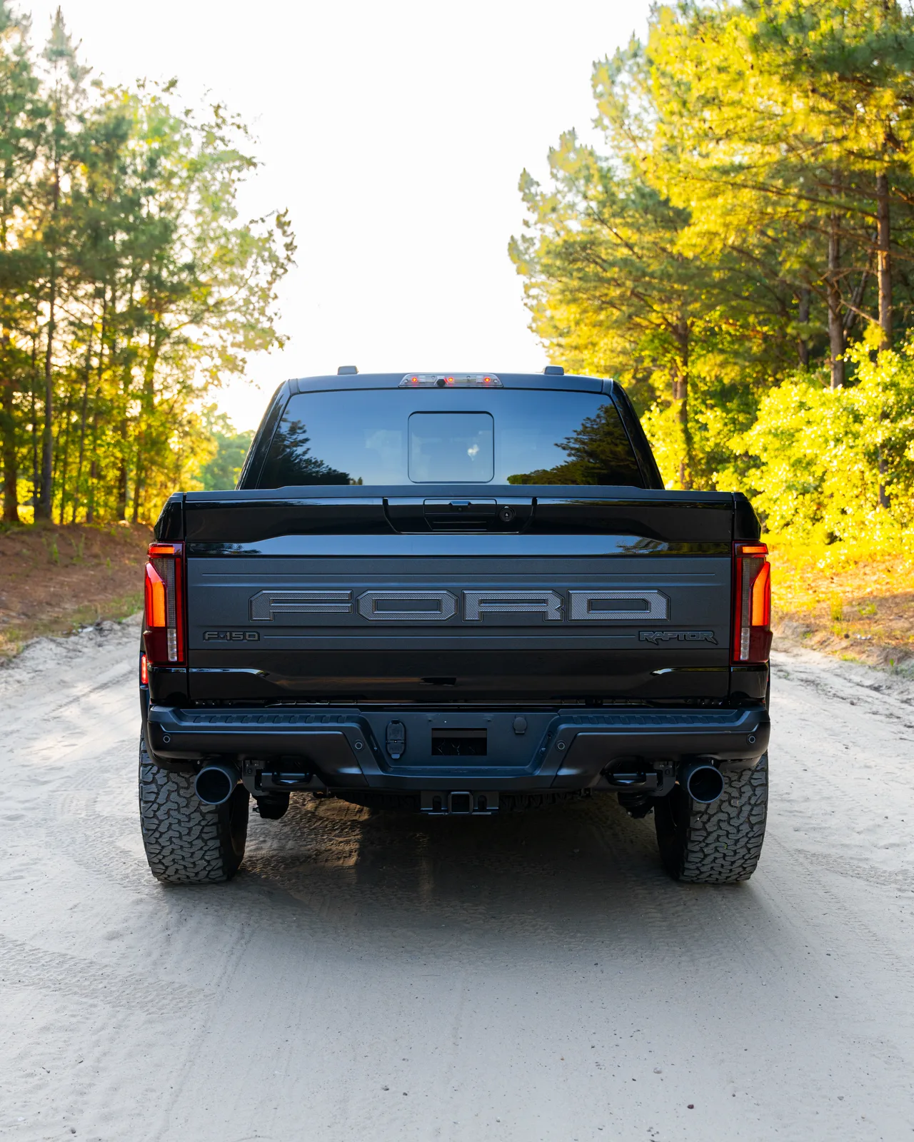 Rear view of a black Ford Raptor on a forest dirt road at sunset